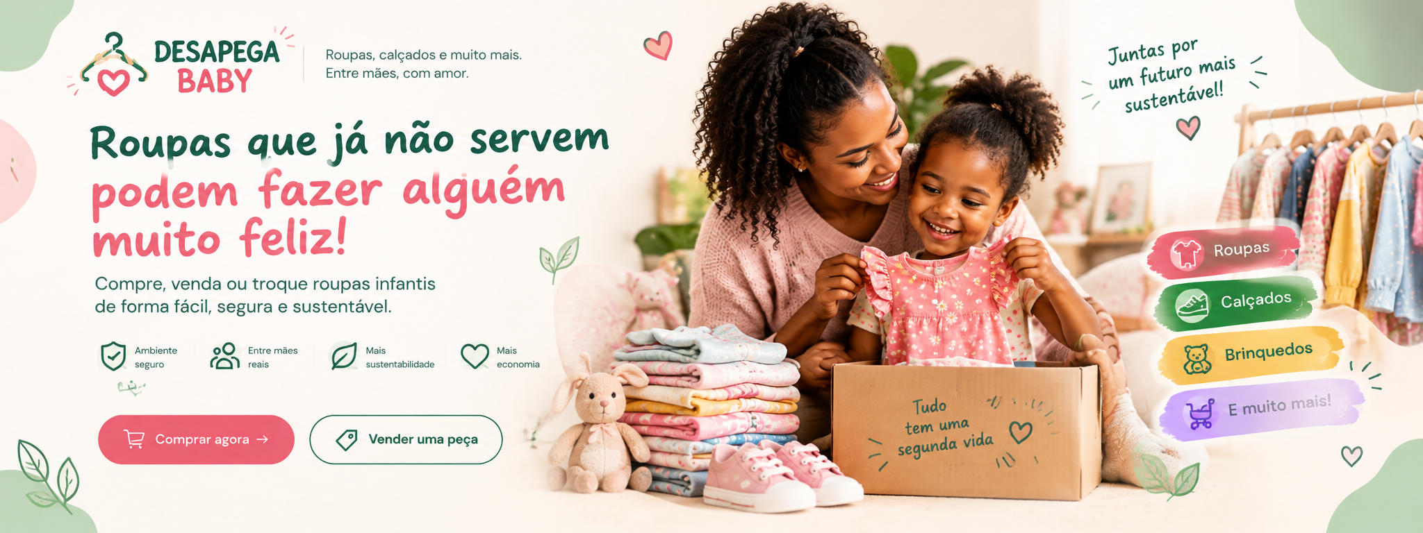 Roupas que já não servem podem fazer alguém muito feliz! Compre, venda ou troque roupas infantis de forma fácil, segura e sustentável.